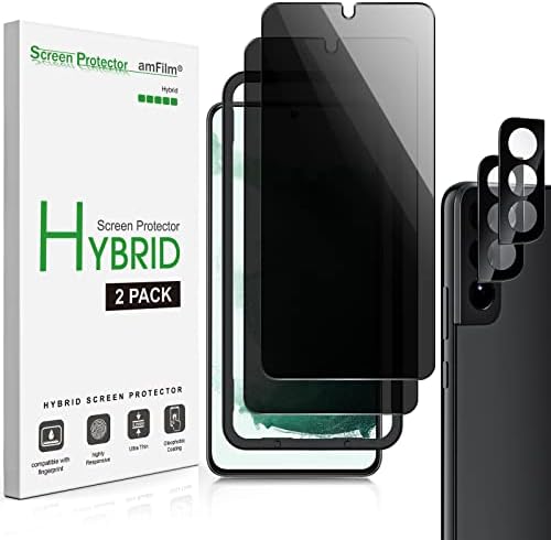 amFilm 2 Pack Privacy Screen Protector for Samsung Galaxy S22 5G [6.1 Inch] with 2 Pack Camera Lens Protector, Anti Spy and Privacy Protection, Fingerprint ID Compatible, with Easy Installation Tray