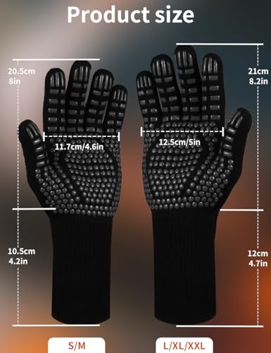 Beesgarden Grillhandschuhe Hitzebeständig bis 800°C Extrem Hitzebeständige, Feuerfest Ofenhandschuhe Topfhandschuhe BBQ Kochhandschuhe Backhandschuhe, Ideale für Ofen, BBQ, Kochen, Schwarz (L/XL/XXL)