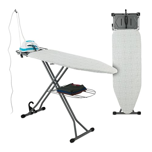 Relaxdays Tabla de Planchar para Plancha de Vapor, 115 x 39 cm, Regulable en Altura, Plegable, Estante, Blanco/Plateado