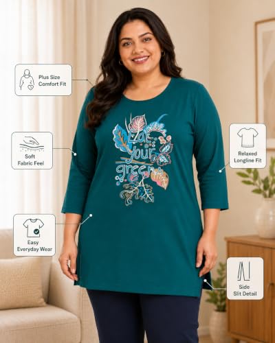 Image of RYSH Women's Plus Size Printed Nightshirt | Round Neck | 3 /4 Sleeve | Relaxed Fit Long Nightwear Top |