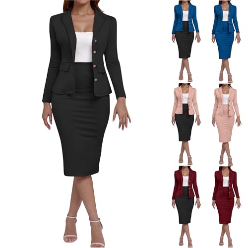 KOG Blazer Damen Elegant 2-Teiliges Outfit Rock Anzug Set Frauen Dünne Festlich Blazer Bleistiftrock Anzug Set Casual Outfits für Arbeit Business Kostüm Hosenanzüge Hosenanzug Schwarz M