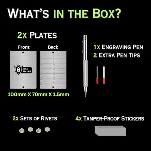 Image of Crypto Seed Phrase Backup /Storage Plates | Includes a Set of 2 Stainless-Steel Plates, Engraving Pen with 2 Extra Tips, 2 Sets of Rivets, and 4 Tamper Proof Stickers