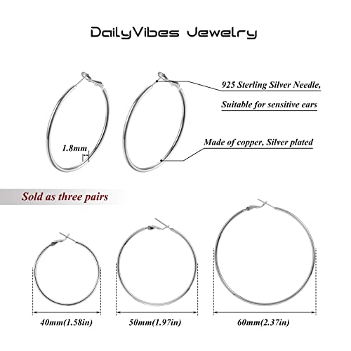 Image of DAILY VIBES Simple Big Thin Hoop Earrings for Women Trendy, 3 Pairs | 925 Sterling Silver Post Large Hoops, 14K Gold or Silver Plated Loop, Hypoallergenic Hoop Earrings Set