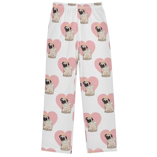 Boy's Pj Pants Pug Dog Angel Wings Pink Heart Lounge Bottoms Elastic Waist Kids Joggers with Pockets Size 6-14