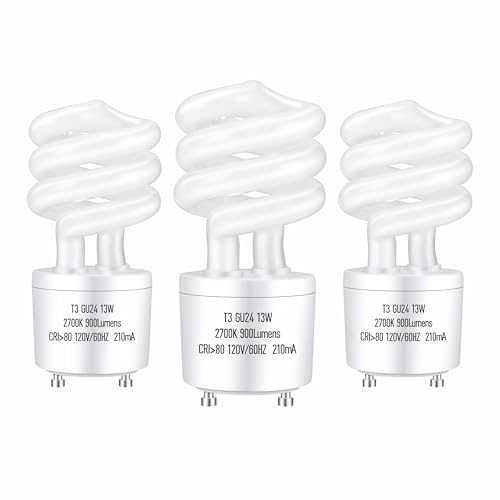 UGOODIS GU24 13Watt 2700K 900lm CFL Light Bulbs T3 Spiral Gu24 Base 2 Prong (60W Equivalent) Soft White Compact Fluorescent Light Bulbs UL Approved 120v 60Hz Self Ballasted Indoor Use (3 Pack)
