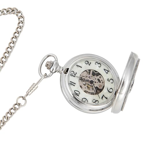 Image of Biddy Murphy Pocket Watch for Men, Traditional Irish Claddagh Pewter Cover, Stainless Steel Case, Classic Mechanical Hand Wind Up with Chain