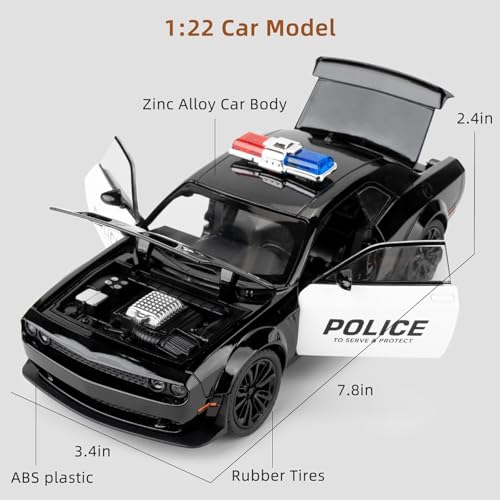 Image of WORSHIPER 1:24 Dodge Challenger SRT Hellcat Police Toy Diecast Collectible Toy with Lights and Sounds Decoration Model Car Gift for Kids [Black-Color]