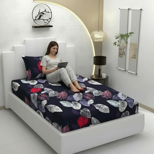 Image of Filymore Flat Single Bed Sheet with 1 Pillow Cover | Black Leaf Design Bedcover | 240 TC Soft Microfiber Single Bedsheet | Breathable, Wrinkle Resistant & Lightweight | 90x60 Inches | Black & Red