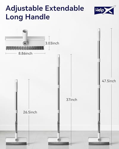 Image of Small Floor Scrub Brush with Length Adjustable Long Handle, 3 in 1 Heavy-Duty Stiff Bristle Scrubber Brush with Squeegee and Tweezer for Cleaning Bathroom, Tile, Deck, Patio, Garage and Kitchen