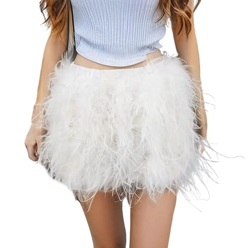 LVCOMEFF Women Ostrich Feather Mini Skirt Hot Elastic Waist Furry Booty Party Club Luxury