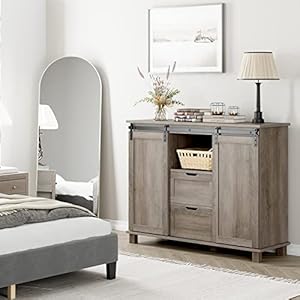 HOSTACK Farmhouse Buffet Sideboard, Coffee Bar Cabinet with Storage, Liquor Wine Cabinet with Sliding Barn Doors, Accent Storage Cabinet for Kitchen, Ash Grey HOSTACK Farmhouse Buffet Sideboard Coffee Bar Cabinet with Storage Liquor Wine Cabinet with Sliding Barn Doors Accent Storage Cabinet for Kitchen Ash Grey