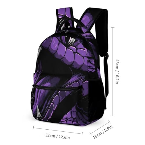 Purple Cobra Snake With Fangs Backpack Shoulder Bags Lunch Bag Pencil Case Box 3 Set Daypack Cute2