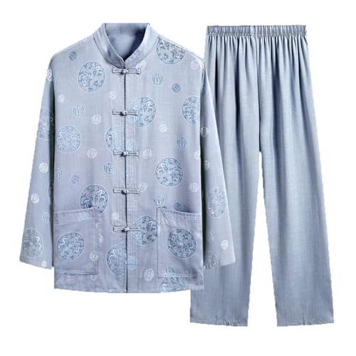 SFQEVHRZ Traje Chino Tang， Abrigo de Kung fu de Manga Larga, Pantalones, Uniforme de Tai chi de Lino y algodón, Traje Tang for Hombres, Ropa China, Ropa de Wing Chun(BLU,Large)