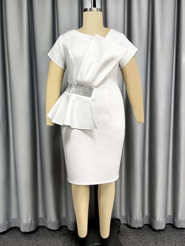 Image of ONTINVA Women White Peplum Dress Short Sleeve Sheath Church Work Dresses (White,2X)