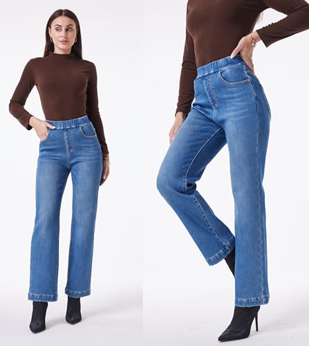 heipeiwa Women's Winter Jeans Pull On Wide Leg Baggy Fleece Lined Jeans Thermal Flannel Lined Jean4