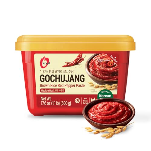 O’food Gochujang – Authentic Korean Red Chili Paste [Medium | 1.1 lb (500g) ] Spicy & Sweet Savory Traditional Fermented Sauce | Gluten-Free | 100% Brown Rice | No Corn Syrup | Great for Bibimbap, Marinades, Stews & BBQ
