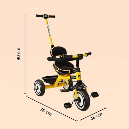 Image of Amazon Brand - Jam & Honey Tricycle for Kids | 2-in-1 with Pedalling and Parental Control Modes | Cushioned Seat | Guardrail & Anti-Slip Handle for Safety | for 2 Years+ Boys and Girls | Yellow