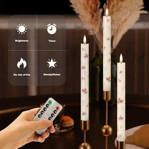 Image of JOIONE Rose Flameless Taper Candles with Remote, 3 Pack Home Decor