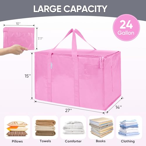 Image of TICONN 6 Pack Extra Large Moving Bags Heavy Duty with Zippers & Carrying Handles, Durable Storage Bags Moving Boxes for Closet Organizers and Storage (6 Pack, Pink)