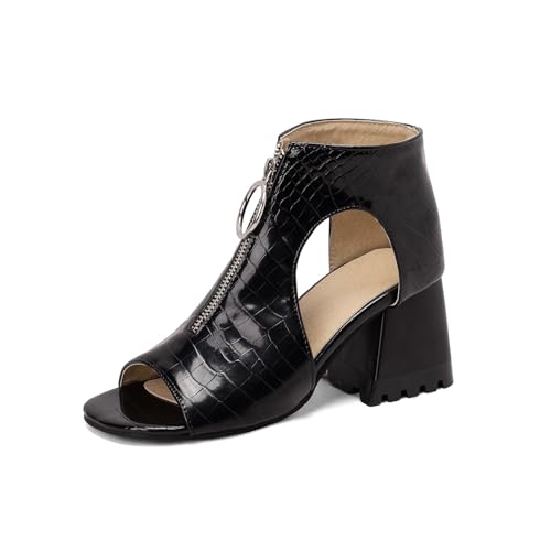 Hiheel Women's JS265 Peep Toe Grid Block Pu Mid Block Ankle Boots & Bootie, Black, 5