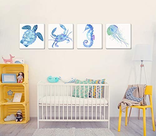 Texture Of Dreams Watercolor Sea Animals Painting On Canvas Wall Art, Sea Turtle Seahorse Crab Jellyfish, Blue Ocean Theme Baby Nursery Boy Room Wall Decor, 4 Pack (10" X 10") #TOP3