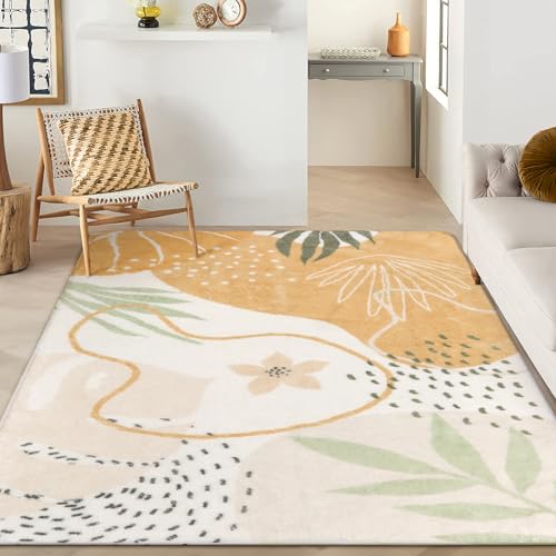 Lahome Boho Rugs for Living Room 8x10 - Washable Non-Slip Backing Large Carpet Ultra-Thin Throw Soft Bedroom Area Rug,Taupe Botanical Print Ultra-Thin Rug for Classroom Nursery Dining Room Farmhouse