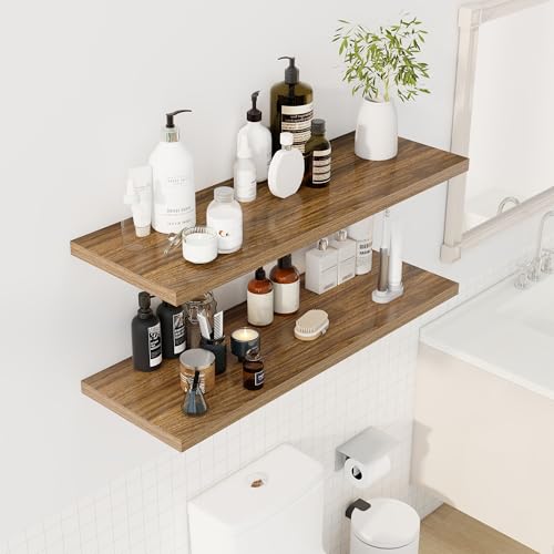 Image of Dreamland 40 inch Floating Shelves for Wall, 12 inch Deep Slim Walnut Floating Shelves, Wall-Mounted Shelves for Bedroom, Living Room, Kitchen, Bathroom - Set of 2