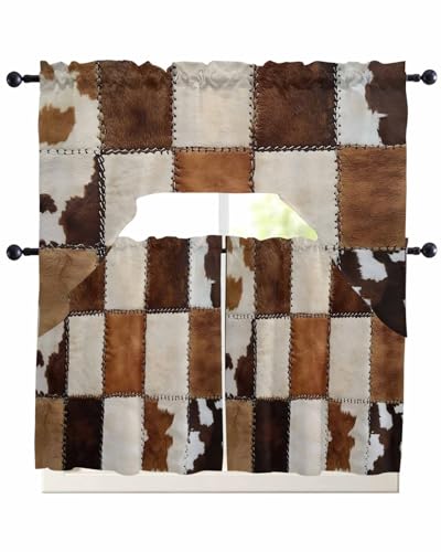 Vintage Leather Swag Kitchen Curtain Sets with Valance,3 Pieces Rod Pocket Curtain Drapes for Bedroom Living Room Bathroom Cafe Windows,Farmhouse Brown West Cowboy Plaid 56''x36''&36''x27.5''x2Panels