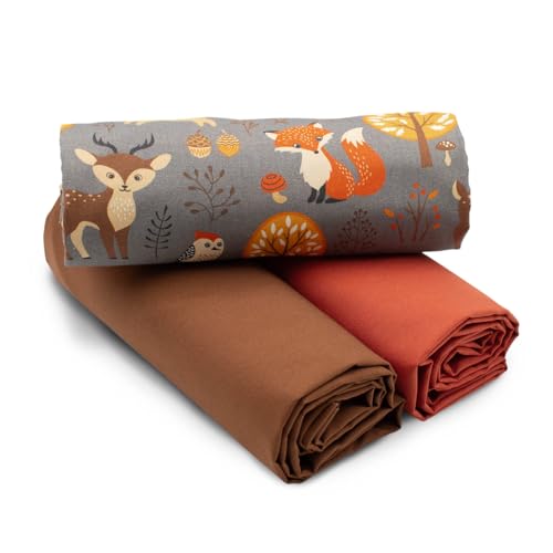 VmG Store Juego de tela de algodón de 1,5 m + 2 colores lisos a juego, 100 % algodón, selección de material (animales en el bosque gris, set06)