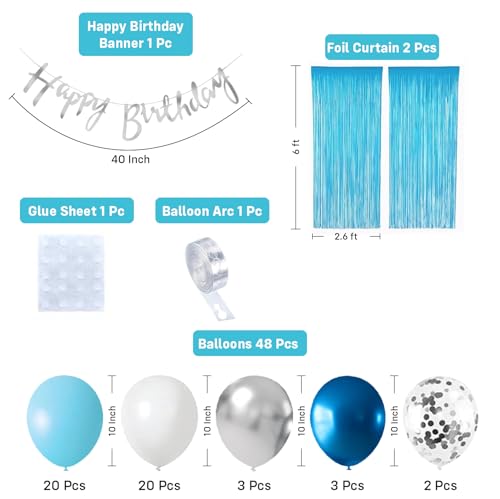 Image of Party Propz Pastel Blue Birthday Decoration Kit - 53 Pcs White, Blue and Silver Birthday Decoration Kit for Boys, Girls, Metallic Shiny Balloon Arch, Pastel Fringe Curtain, Birthday Banner (Cardstock)