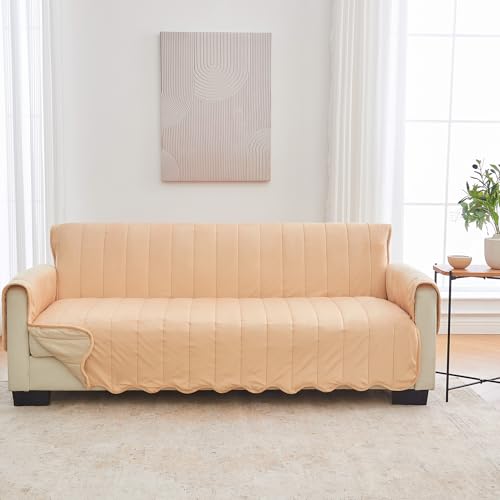 Image of Great Bay Home Velvet Sofa Cover - Washable Slipcover Furniture Protector with Elastic Straps - Furniture Cover for Dogs, Kids, and Pets - Stitched Detail (Peach)
