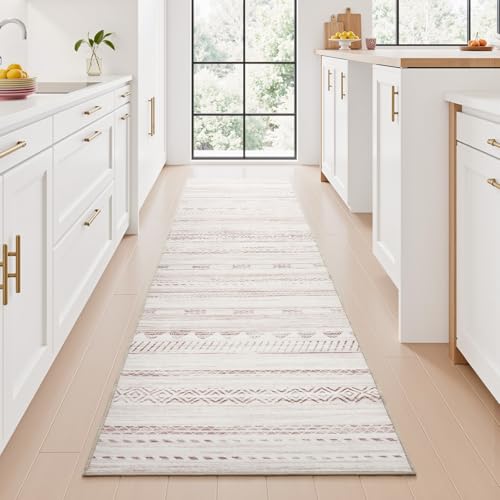 2x10 Runner Rug Machine Washable Non Slip Area Rug Distressed Neutral Moroccan Boho Rug Ultra Soft Floor Runners for Hallways for Entryway Laundry Room Kitchen, Pink
