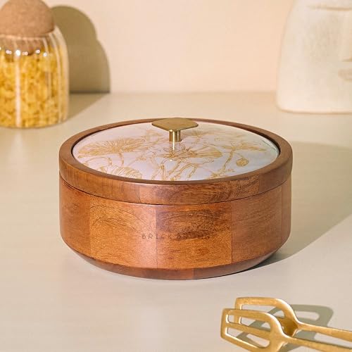 Image of Brick Brown Noor Wooden Roti Box with Lid | Solid Wood Chapati Box for Kitchen & Dining | Designer Roti Casserole /Roti Hot Pot Case | Handmade Roti Dabba Serveware | Roti Container (8x8x4.2 Inch)