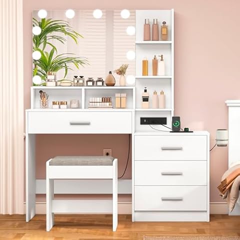 usikey Large Vanity Table Set with Lighted Mirror & Charging Station, Makeup Vanity Dressing Table with 4 Storage Shelves and 4 Drawers, Vanity Desk with 3-Drawer Chest and Cushioned Stool, White Cover