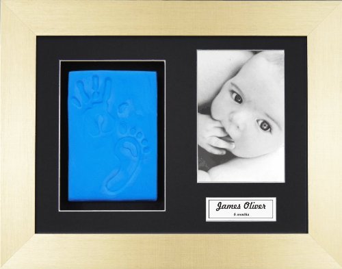 BabyRice Baby Boy Handprint Footprint Kit Soft Blue Clay Dough Brushed Gold Box Photo Display Frame