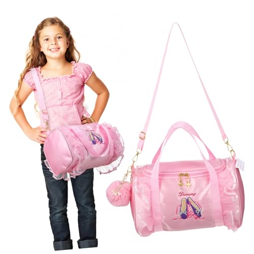 CLISPEED Bolsa Deporte Niña Ballet con Bordado Delicado y Llavero Pompón Bolso Gimnasia de Gran Capacidad para Niñas Clase y Viaje