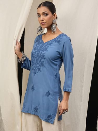 Image of Amazon Brand - Tavasya Women Embroidered Thread Work Shorts Kurti Top Tunic