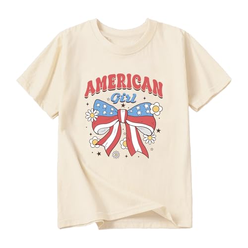 Image of Girl American Flag Shirts Bow Tshirt 4th of July Shirt Cotton Short Sleeve Tees 2-12 Years