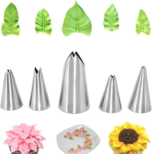 5Pcs Silver Leaf Piping Tips,Cake Piping Icing Nozzles Stainless Steel Russian Piping Tips Piping Nozzles Cake Decorating Tips Set, DIY Baking Supplies Cake Decorating Tools Icing and Piping