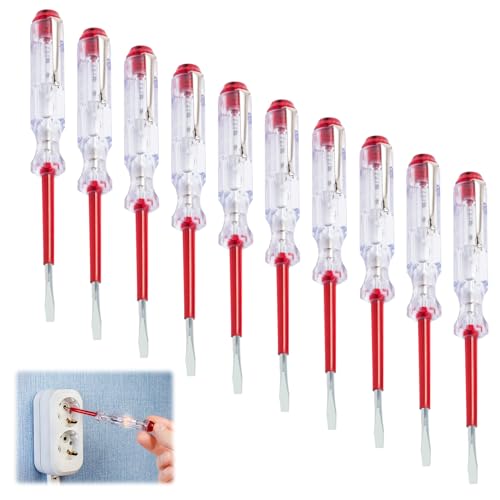 10 Peças Destornillador Buscapolos Electricista Modelo 45200, Testador de Fases certificados VDE/GS, Comprobador de Corriente, Fabricados Con Acero C60 Galvanizado, Transparente/Rojo