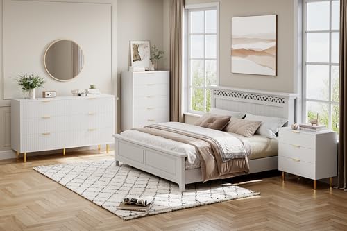 GarveeHome White 3 Drawer Dresser for Bedroom, Large Nightstand Chest of Drawers, Modern Wood Storage Dresser Organizer with Gold Metal Handles & Anti-Tipping Device for Hallway, Entryway