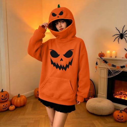 Hrwauag Halloween Costume Hoodie for Women Pumpkin Head Zipper Mask Design Long Sleeve Pullover with Pocket Pumpkin Snuggie - image 2