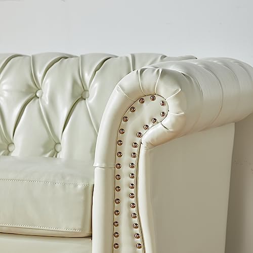 Image of LEVNARY Leather Sofa, Chesterfield Tufted Upholstered 2 Seater Couch, Modern Loveseat Couch Classic Furniture for Living Room Bedroom (Cream White)