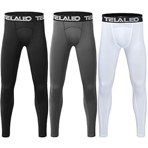 TELALEO 3 Pack Boys’ Youth Compression Leggings Tights Base Layer Athletic Pants for Sports Basketball Hockey Baseball Running Black Grey White M02