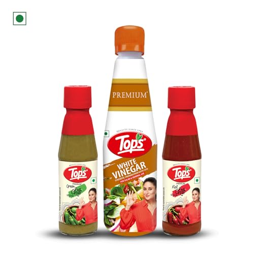 Image of TOPS Red Chilli Sauce 200 gm + Green Chilli Sauce 200 gm + Vinegar White - 610 ml (Combo Pack of 3)