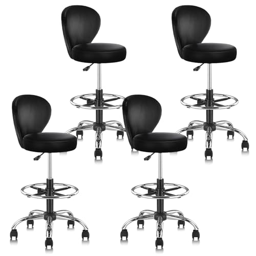 Image of KLASIKA Leather Drafting Stool Chair Padded Seat 360 Swivel Rolling Stools Adjustable Height with Ergonomic Backrest and Footrest, Tall Office Chair for Standing Desk, Studio, Labs, Black, 4 Pack