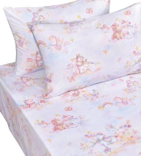 Image of Scientific Sleep Pastel Unicorn Pony Horse Flower Fairy Tale Cute Adorable 100% Cotton Bed Sheet Set Kids Boys Girls Teen, Flat Sheet & Fitted Sheet & Pillowcase Bedding Set (Pretty Pony, Full)