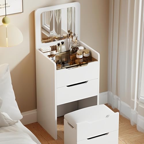HJYBFA Tocador Blanco 3 en 1 con Espejo abatible y Luces LED, otomana Oculta integrada para Maquillaje, Almacenamiento Junto a la Cama para Espacios pequeños - Compacto y Elegante
