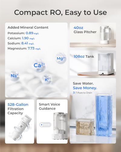 Image of Waterdrop C2SL Mineral Reverse Osmosis Water Filter Countertop, 7-Stage RO Water Filtration System with Autofill Glass Pitcher, Compact Reverse Osmosis System, Voice Prompts, 3:1 Pure to Drain