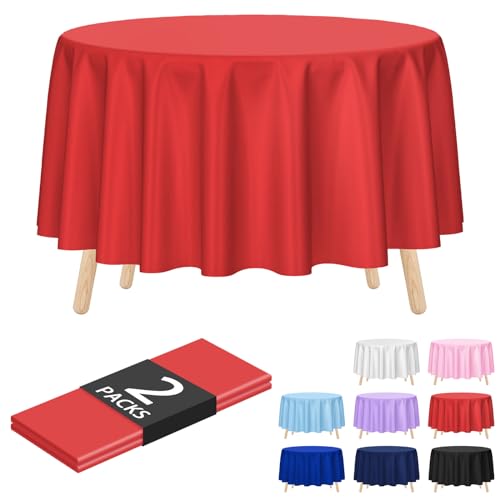 Image of Kopokita 2 Pack Red Round Disposable Plastic Tablecloths 84 inch | Party Table Covers for Birthday, Wedding, Valentines, Mothers Day, Christmas Decorations